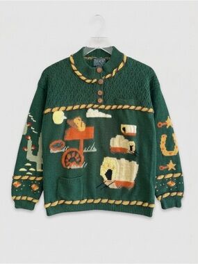 Vtg Berek Marta D Handknit Sweater Heavy Weight Cotton Pullover Horse Western